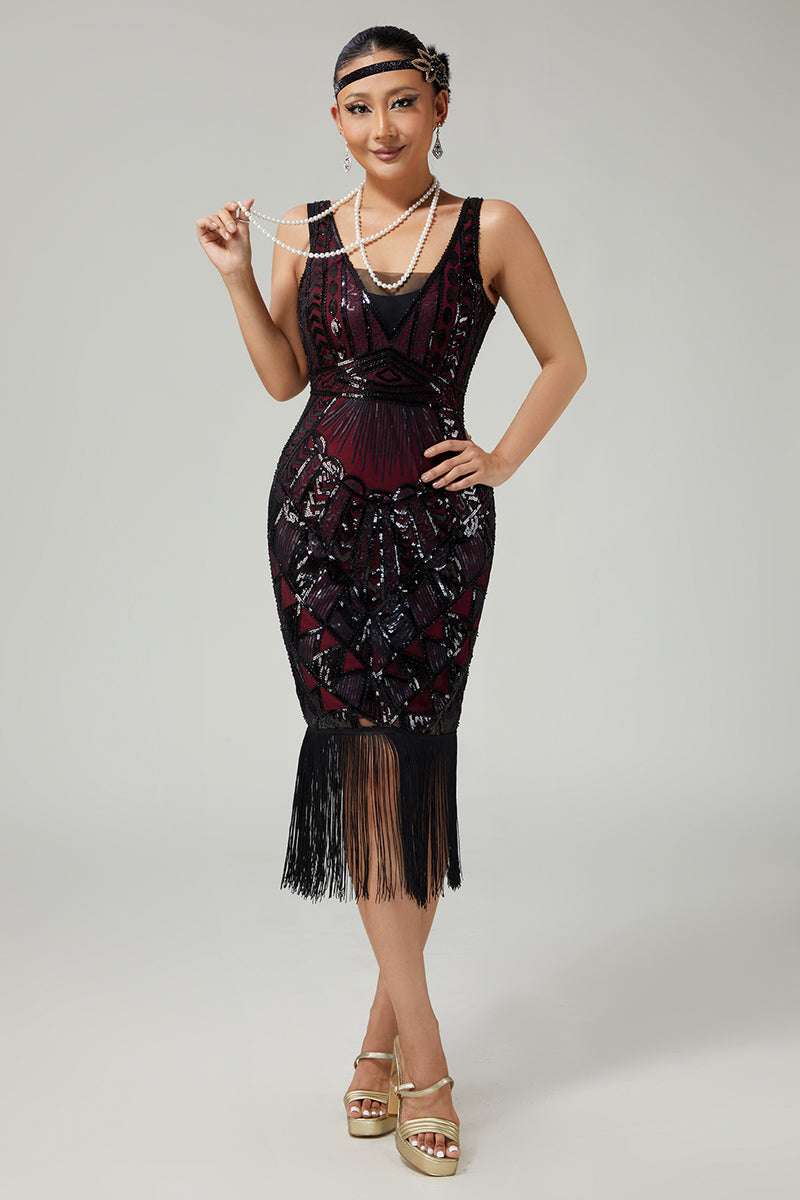 Load image into Gallery viewer, Sparkly Black Burgundy Sequins V-Neck Fringed 1920s Flapper Dress