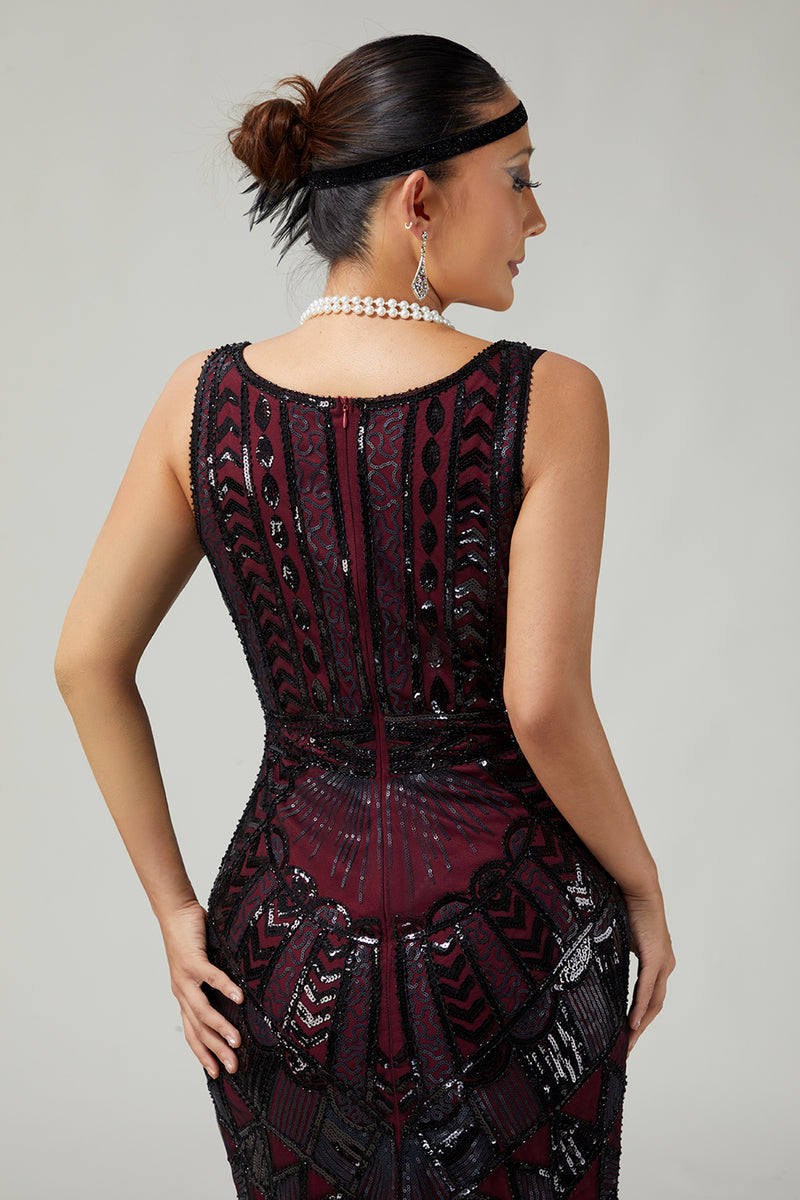 Load image into Gallery viewer, Sparkly Black Burgundy Sequins V-Neck Fringed 1920s Flapper Dress