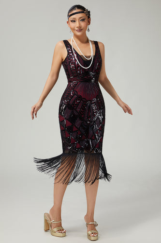 Sparkly Black Burgundy Sequins V-Neck Fringed 1920s Flapper Dress