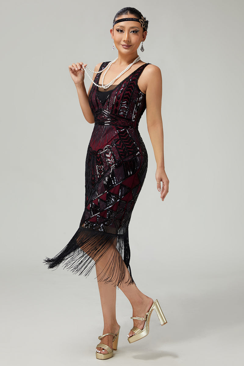 Load image into Gallery viewer, Sparkly Black Burgundy Sequins V-Neck Fringed 1920s Flapper Dress