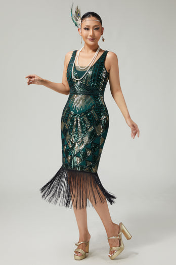 Sparkly Black Burgundy Sequins V-Neck Fringed 1920s Flapper Dress