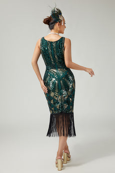Sparkly Dark Green Fringed Sequins V-Neck 1920s Flapper Dress