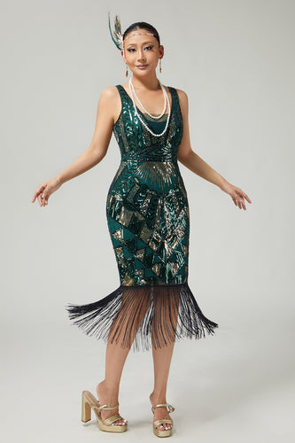 Sparkly Dark Green Fringed Sequins V-Neck 1920s Flapper Dress