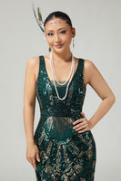 Load image into Gallery viewer, Sparkly Black Burgundy Sequins V-Neck Fringed 1920s Flapper Dress