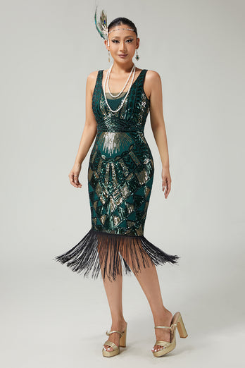 Sparkly Black Burgundy Sequins V-Neck Fringed 1920s Flapper Dress