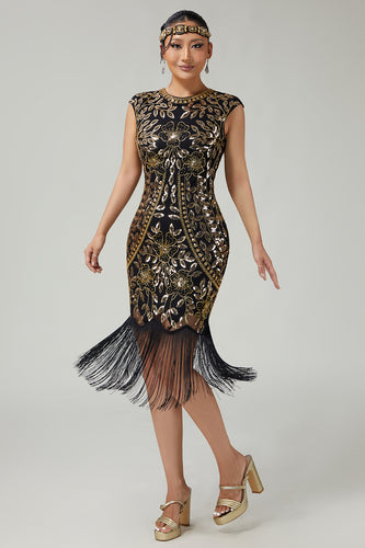 Floral Sparkly Black Golden Sequins Bodycon 1920s Flapper Dress with Fringes