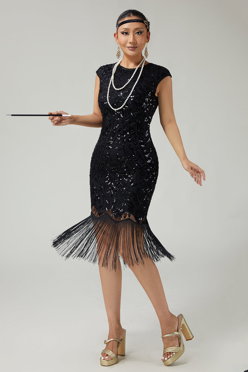 Load image into Gallery viewer, Sparkly Black Bodycon Fringed 1920s Flapper Dress with Beading