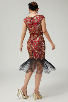 Floral Sparkly Red Golden Bodycon Sequins 1920s Flapper Dress with Fringes