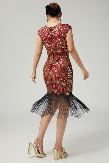 Floral Sparkly Red Golden Bodycon Sequins 1920s Flapper Dress with Fringes