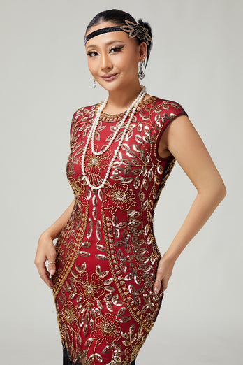 Floral Sparkly Red Golden Bodycon Sequins 1920s Flapper Dress with Fringes