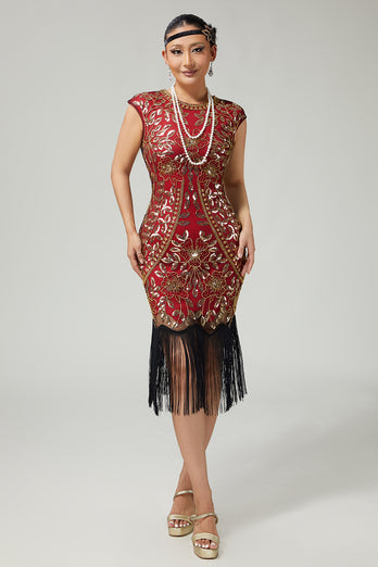 Floral Sparkly Red Golden Bodycon Sequins 1920s Flapper Dress with Fringes