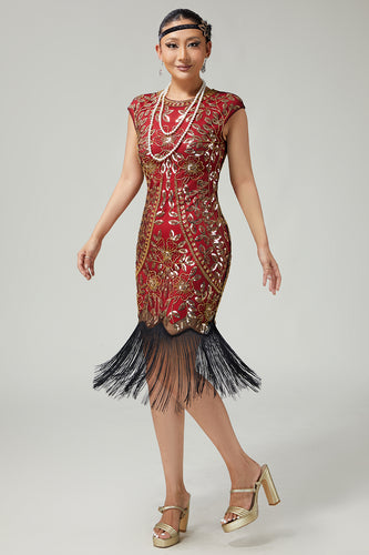 Floral Sparkly Red Golden Bodycon Sequins 1920s Flapper Dress with Fringes