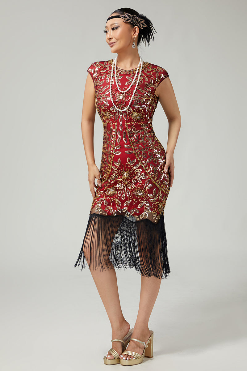 Load image into Gallery viewer, Floral Sparkly Red Golden Bodycon Sequins 1920s Flapper Dress with Fringes