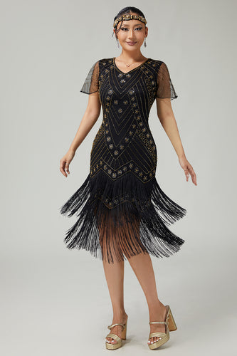 Sparkly Black Golden Fringed Bodycon 1920s Flapper Dress with Beading