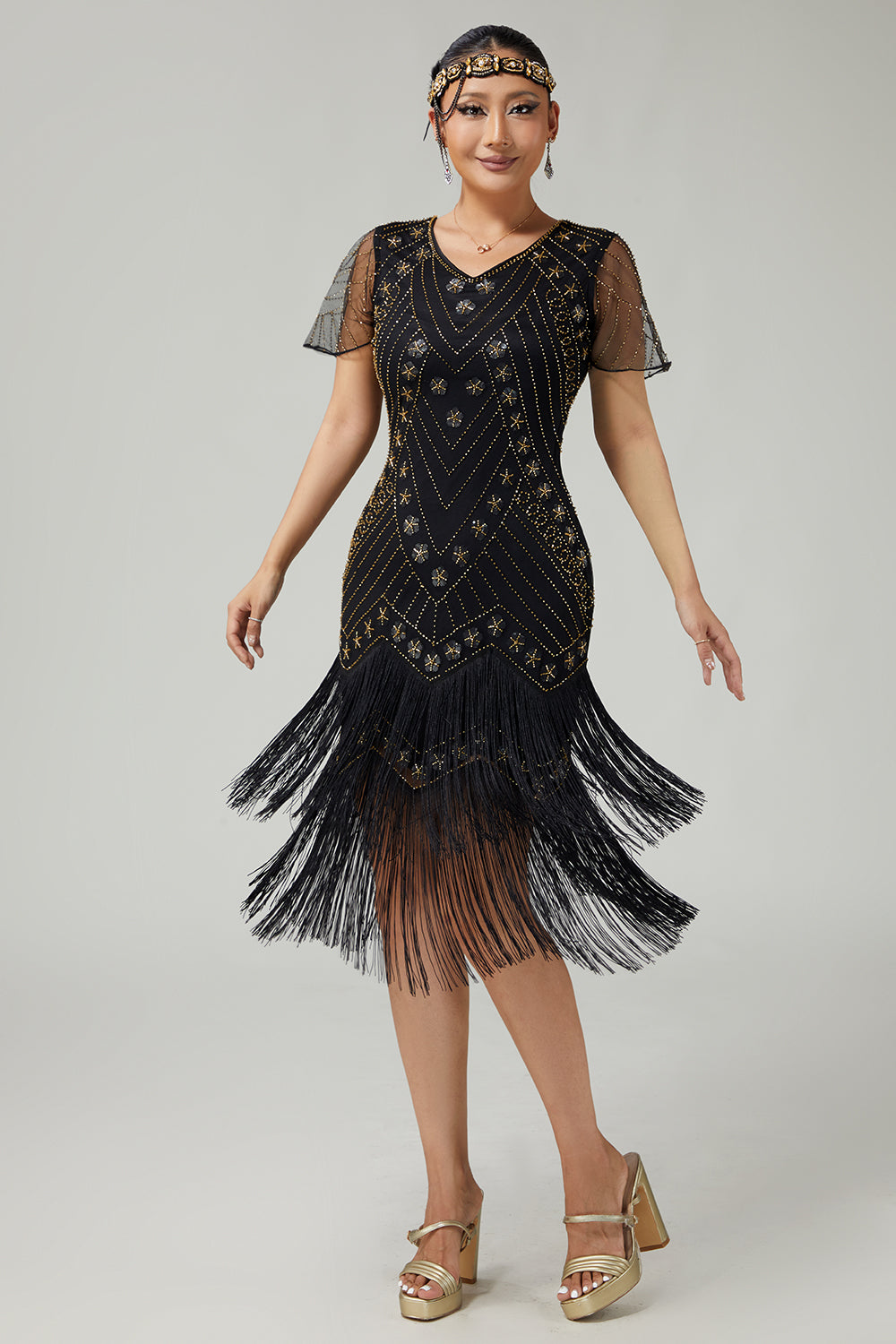 Sparkly Black Golden Fringed Bodycon 1920s Flapper Dress with Beading
