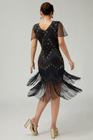 Load image into Gallery viewer, Sparkly Black Golden Fringed Bodycon 1920s Flapper Dress with Beading