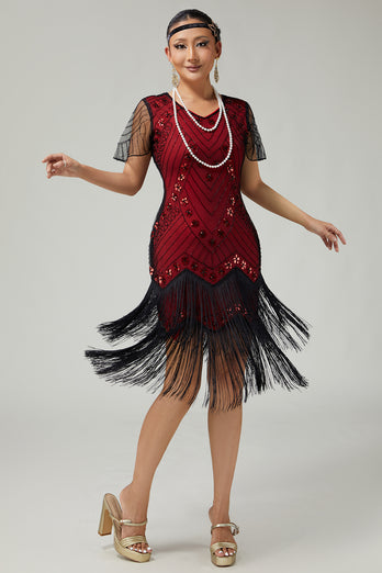Sparkly Black Silver Fringed 1920s Flapper Dress with Sequins