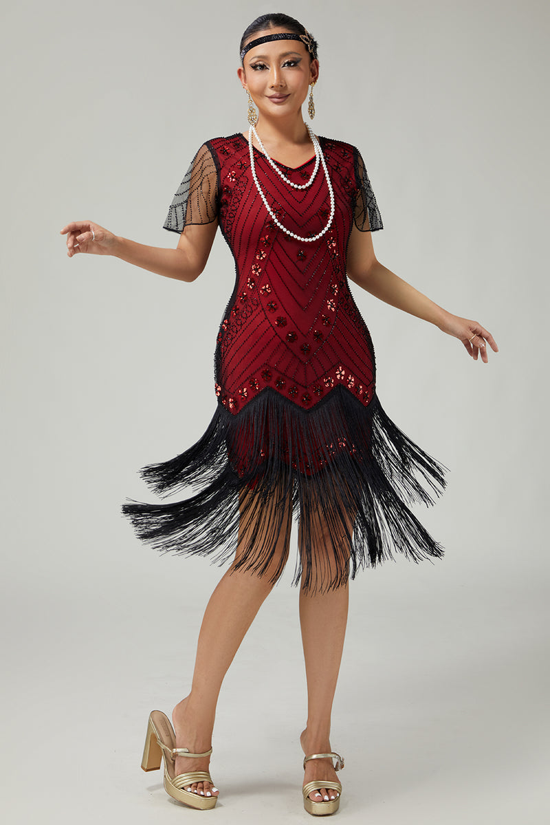Load image into Gallery viewer, Sparkly Black Silver Fringed 1920s Flapper Dress with Sequins