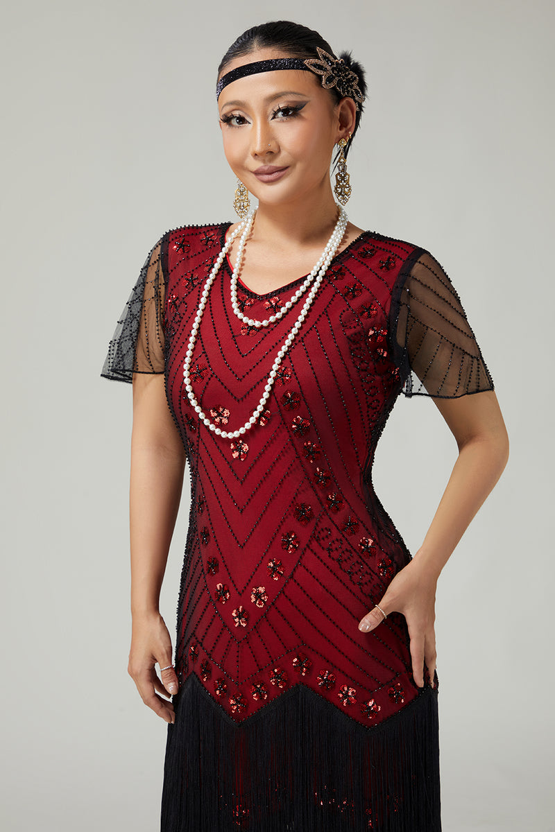 Load image into Gallery viewer, Sparkly Black Silver Fringed 1920s Flapper Dress with Sequins