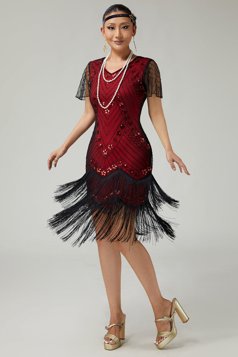 Load image into Gallery viewer, Sparkly Black Silver Fringed 1920s Flapper Dress with Sequins