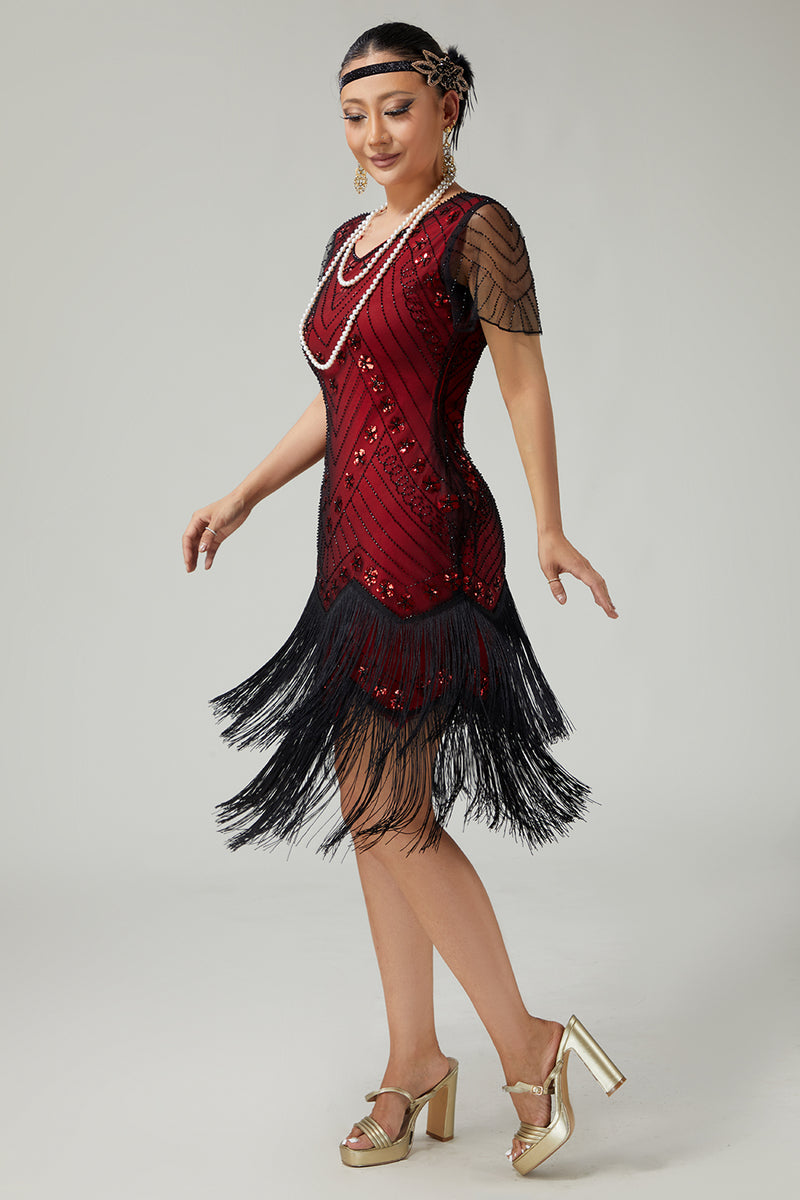 Load image into Gallery viewer, Sparkly Black Silver Fringed 1920s Flapper Dress with Sequins