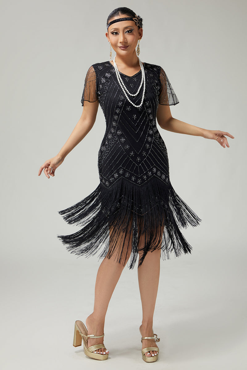 Load image into Gallery viewer, Sparkly Black Silver Fringed 1920s Flapper Dress with Sequins