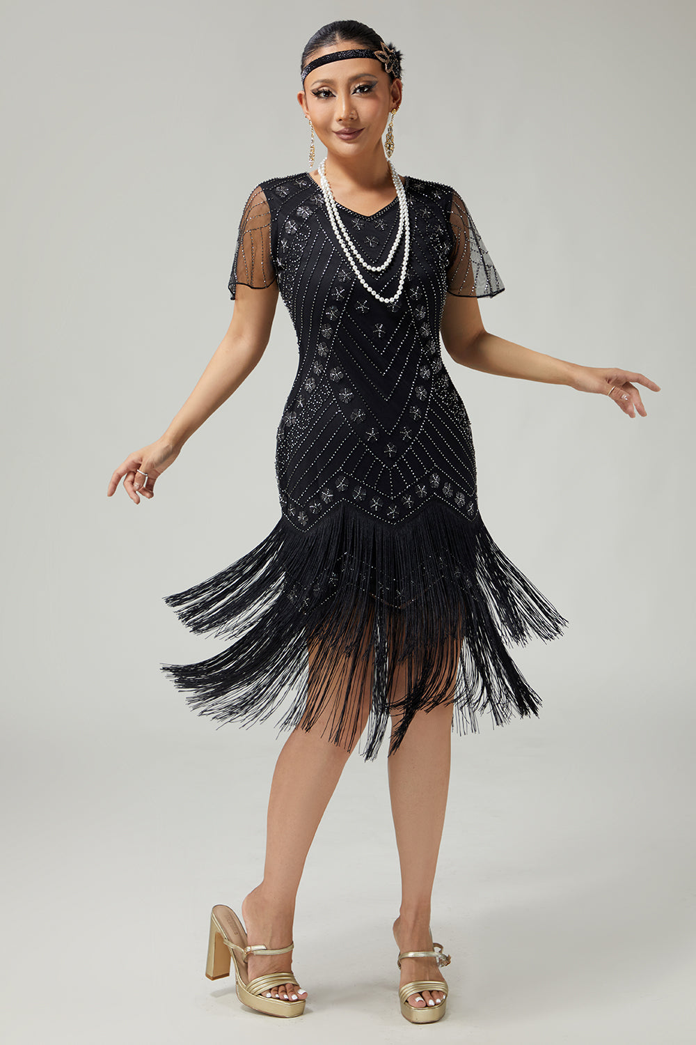 Sparkly Black Silver Fringed 1920s Flapper Dress with Sequins