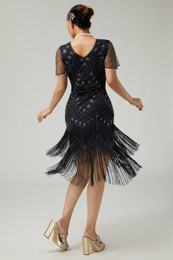 Sparkly Black Silver Fringed 1920s Flapper Dress with Sequins