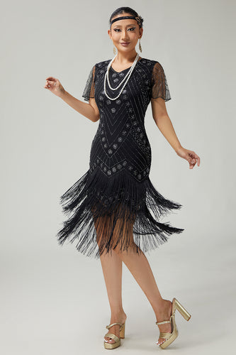 Sparkly Black Silver Fringed 1920s Flapper Dress with Sequins