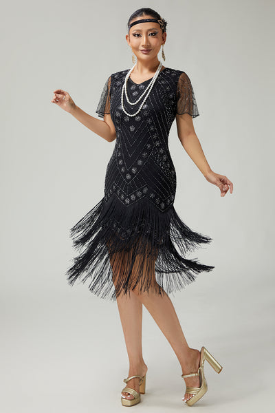 Sparkly Black Silver Fringed 1920s Flapper Dress with Sequins