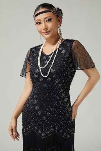 Sparkly Black Silver Fringed 1920s Flapper Dress with Sequins