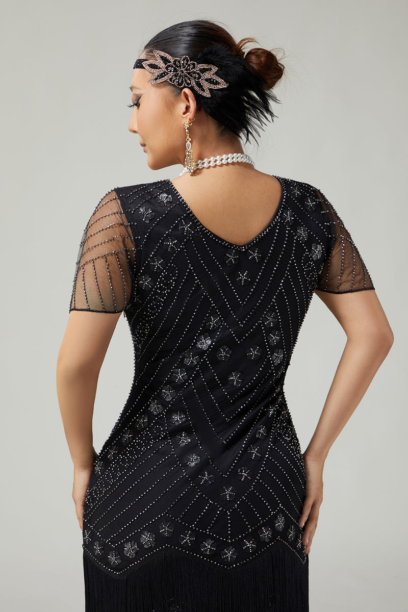 Load image into Gallery viewer, Sparkly Black Silver Fringed 1920s Flapper Dress with Sequins