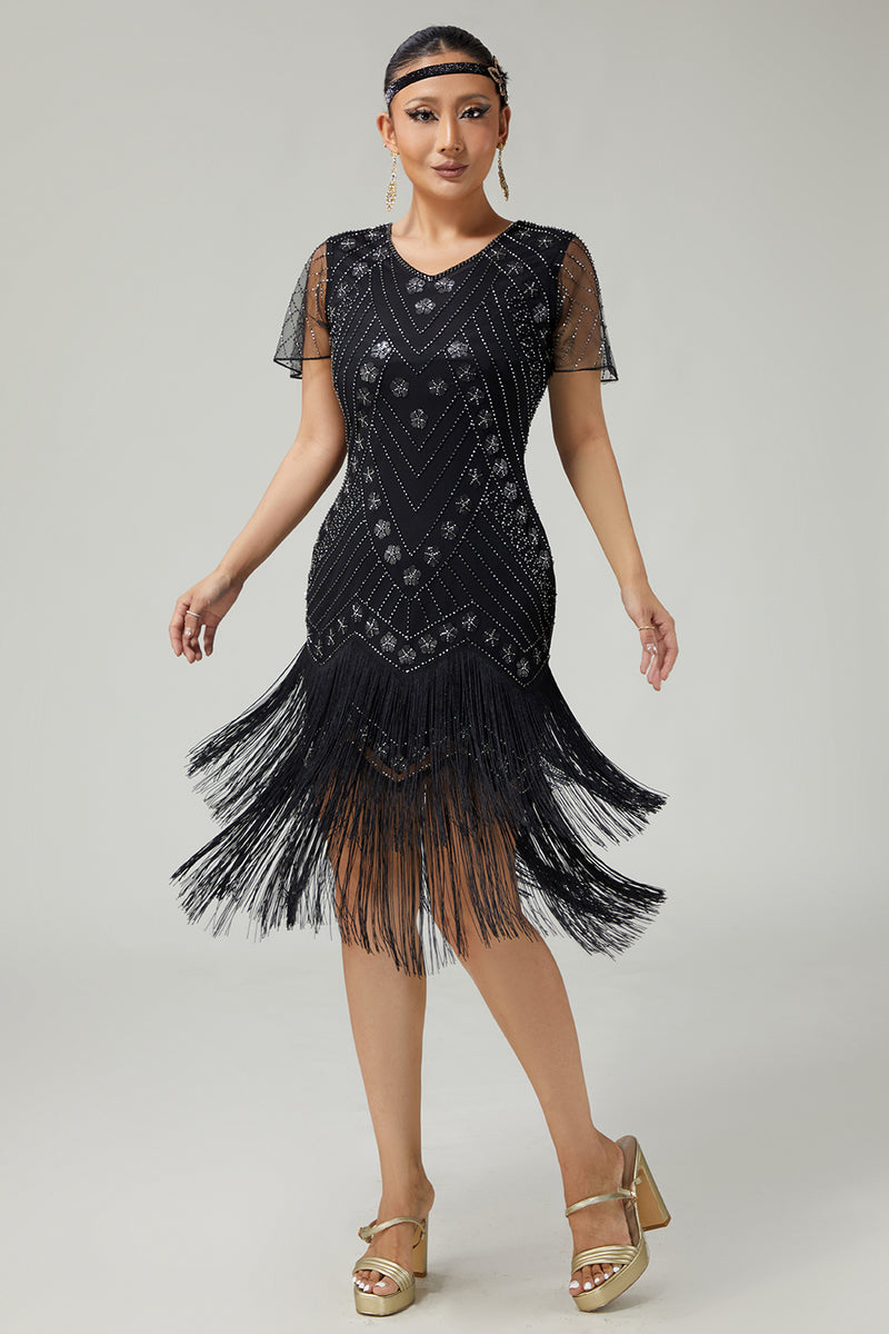 Load image into Gallery viewer, Sparkly Black Silver Fringed 1920s Flapper Dress with Sequins