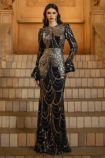 Sparkly Black Golden Mermaid Sequins Long Sleeves Mother of the Bride Dress