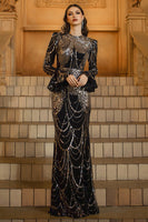 Load image into Gallery viewer, Sparkly Black Golden Mermaid Sequins Long Sleeves Mother of the Bride Dress