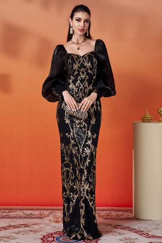 Sparkly Black Golden Puff Sleeves Sheath Long Mother of the Bride Dress with Sequins