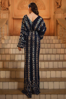 Sparkly Navy V-Neck Sequins Sheath Long Sleeves Mother of the Bride Dress