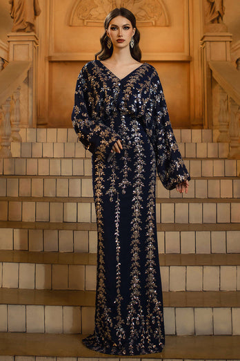 Sparkly Navy V-Neck Sequins Sheath Long Sleeves Mother of the Bride Dress