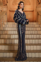 Load image into Gallery viewer, Sparkly Navy V-Neck Sequins Sheath Long Sleeves Mother of the Bride Dress