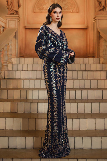 Sparkly Navy V-Neck Sequins Sheath Long Sleeves Mother of the Bride Dress