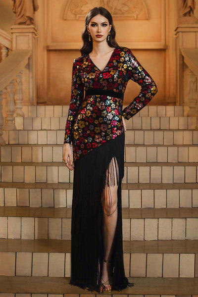 Floral Sparkly Black V-Neck Sheath Long Sleeves Mother of the Bride Dress with Fringes