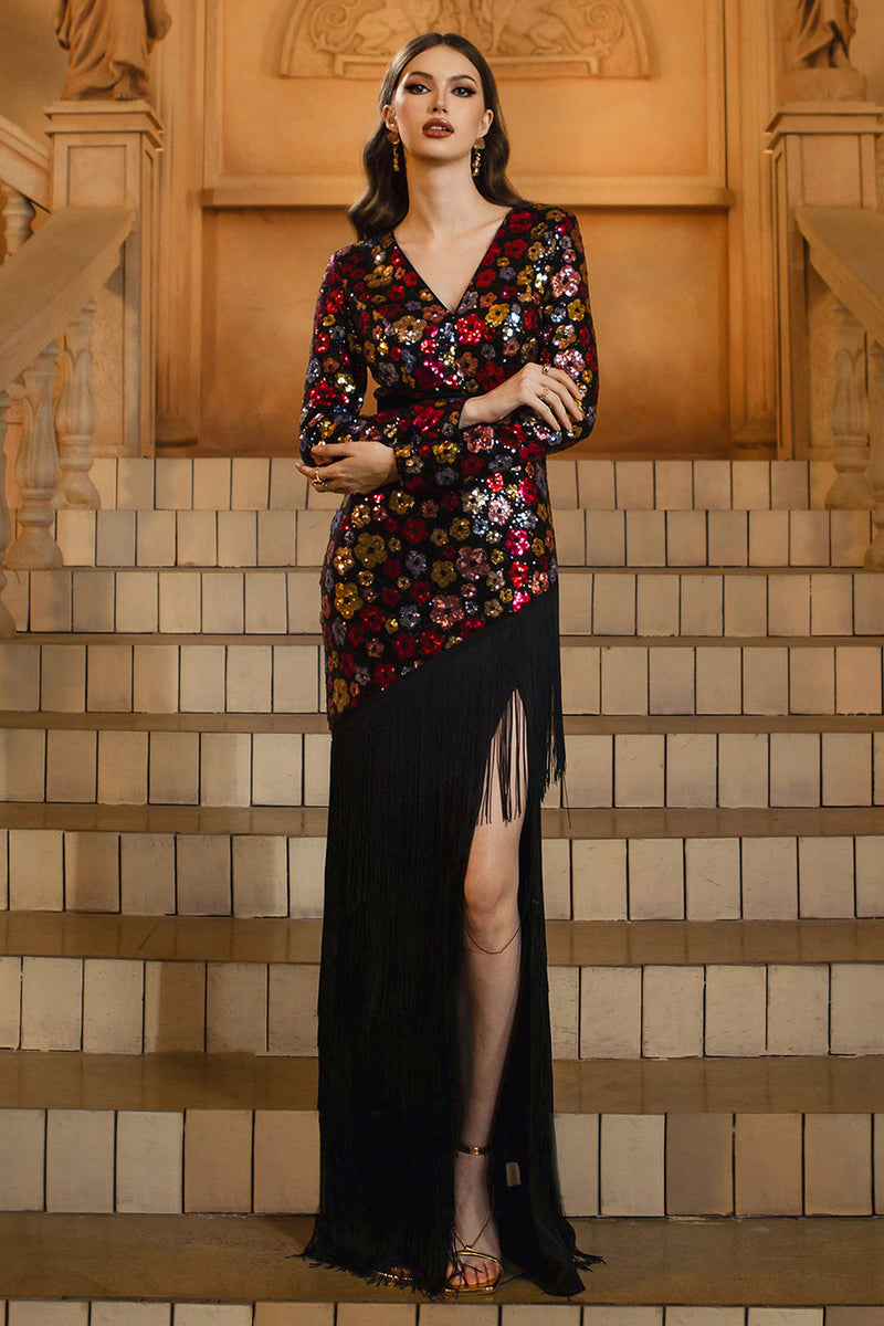Load image into Gallery viewer, Floral Sparkly Black V-Neck Sheath Long Sleeves Mother of the Bride Dress with Fringes