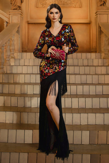 Floral Sparkly Black V-Neck Sheath Long Sleeves Mother of the Bride Dress with Fringes