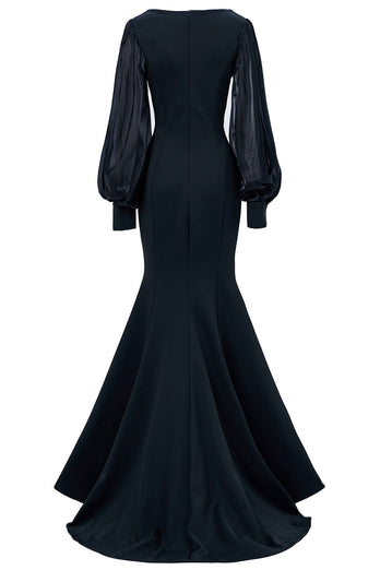 Black Illusion Boat Neck Mermaid Long Sleeves Mother of the Bride Dress with Appliques