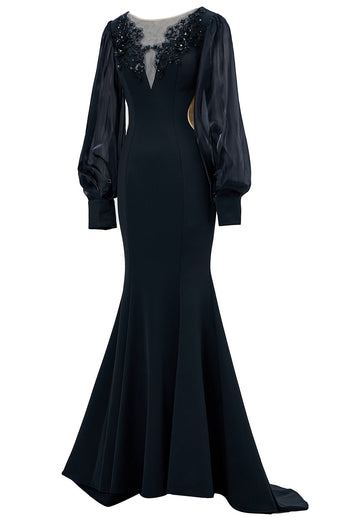 Black Illusion Boat Neck Mermaid Long Sleeves Mother of the Bride Dress with Appliques