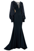 Load image into Gallery viewer, Black Illusion Boat Neck Mermaid Long Sleeves Mother of the Bride Dress with Appliques