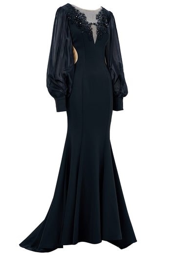 Black Illusion Boat Neck Mermaid Long Sleeves Mother of the Bride Dress with Appliques