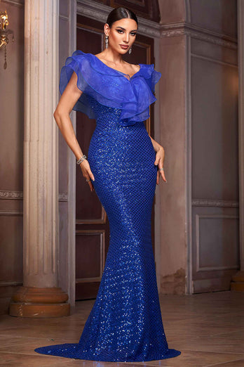 Sparkly Royal Blue Sequins V-Neck Mermaid Long Mother of the Bride Dress with Ruffles