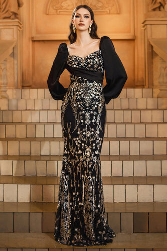 Sparkly Black Golden Sequins Mermaid Long Sleeves Mother of the Bride Dress with Beading