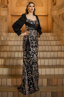 Load image into Gallery viewer, Sparkly Black Golden Sequins Mermaid Long Sleeves Mother of the Bride Dress with Beading